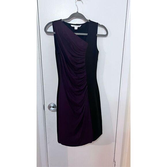 DIANE VON FURSTENBERG GLADYS SHIRRED PURPLE BLACK RUCHED DRESS SZ 2 - Picture 2 of 12